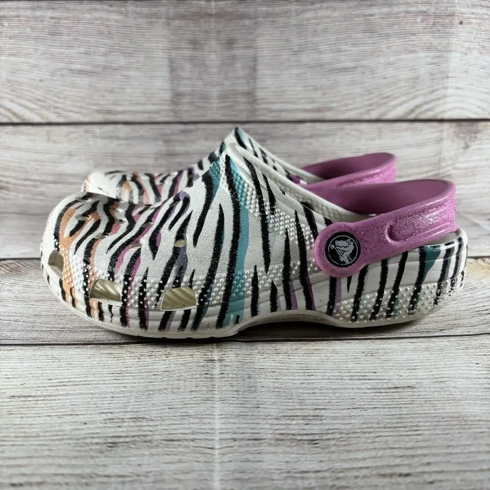 Crocs Classic Kids Size J2 Animal Zebra Glitter Clogs